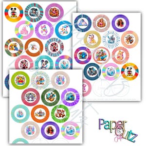 May include: Sheets of colorful, circular Disney character designs. Each circle features a different character, surrounded by a decorative border. Characters include Mickey Mouse, Minnie Mouse, and Elsa. The designs are printed on white paper.