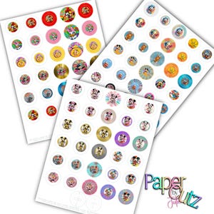 May include: Sheets of colourful circular stickers featuring various Disney characters. The stickers are arranged on white paper, with designs including Mickey Mouse, Minnie Mouse, Donald Duck, and more. The stickers have a glossy finish and are in various colours.
