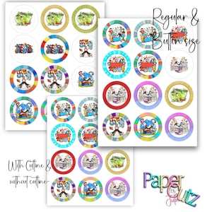 May include: A sheet of colorful, circular stickers featuring illustrations of Dr. Seuss characters. The stickers are in various sizes and designs, with text that reads "Regular & Button size" and "With Cutline & without cutline".