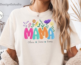 Custom Mama Shirt, Floral Mom T-shirt Comfort Colors, Personalized Mother's Gift, Personalize it with your children's names, Gift for Mom