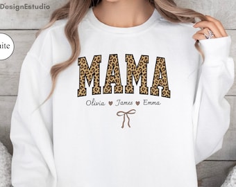 Custom Leopard Mama Sweatshirt, Personalized Kids Names Gift, New Mom Gift, Mothers Day Gif, Personalized Mom Sweatshirt