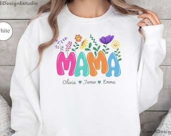 Custom Mama Sweatshirt, Comfort Colors  Floral, Personalized Mother's Gift, Personalize it with your children's names,  Floral Mama Pullover