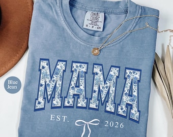 Comfort Colors® Personalized Mama Shirt, Retro Blue Toile Floral Est 2026 Tshirt,Coquette Mom Tee,Custom New Mom Shirt With Bow,Gift for Mom