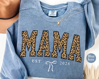 Custom Leopard Mama Sweatshirt, Personalized Est 2026 Crewneck, Garment-Dyed Cotton Comfort, Coquette Mom Gift, Mothers Day Gif