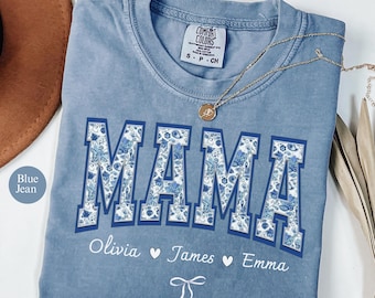 Custom Mama Shirt, Comfort Colors Blue Toile Floral, Personalized Mother's Gift, Personalize it with your children's names, Gift for Mom