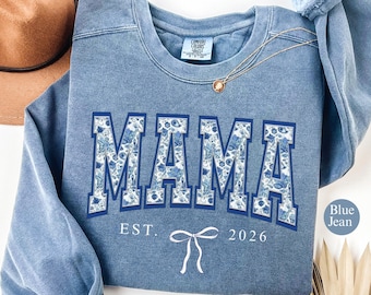 Comfort Colors Mama Sweatshirt, Retro Blue Toile Floral Est 2026 Crewneck, Coquette Mom Gift