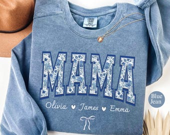 Custom Mama Sweatshirt, Comfort Colors Blue Toile Floral, Personalized Mother's Gift, Personalize it with your children's names