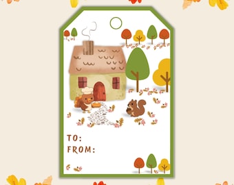 Può includere: Un'etichetta regalo rettangolare con bordo verde raffigurante una casa marrone chiaro, un tacchino con cappello da chef e uno scoiattolo. La scena include alberi autunnali e foglie cadute. Il testo TO: e FROM: è stampato in marrone in basso.