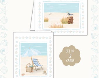 Set di 2 biglietti d'auguri con acquerelli a tema spiaggia, perfetti per ogni occasione (download immediato).