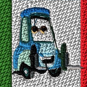 May include: Embroidered patch featuring a blue golf cart on a white background, with green and red sections on the left and right, and a blue border. The patch is rectangular and suitable for apparel or accessories.