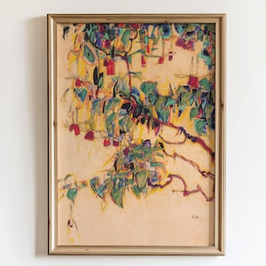 May include: An abstract painting in a gold frame, depicting a botanical scene. The artwork features green leaves, red berries, and yellow highlights on a beige backdrop. The painting is framed in a gold-coloured frame.