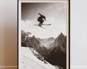 Mid-Air Skier Over Mountain Peaks | Black and White Freeride Jump Photo | Alpine Skiing Poster | Adventure Winter Extreme Sports Wall Art