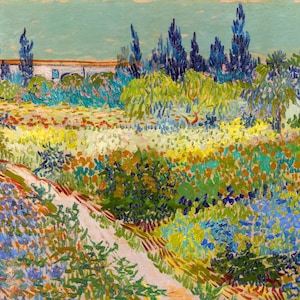 May include: An impressionistic painting of a garden scene. The artwork features a path leading through a field of colorful flowers and foliage. Tall, dark blue cypress trees stand in the background, with a white building visible on the left side. The sky is a pale blue.