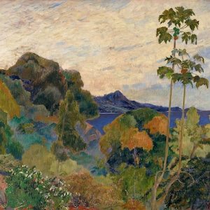 May include: An impressionistic landscape painting featuring lush green and yellow foliage, a blue body of water, and a mountain range in the distance. The sky is a mix of pale blue and white, with a few clouds. Two tall trees with green leaves and red fruit are in the foreground.