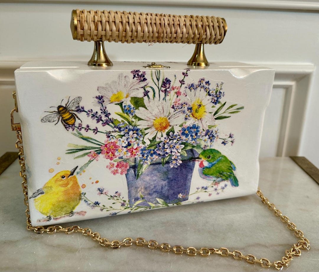 Women's Clutch Bag, Unique Clutch, White With Pastel Flowers and