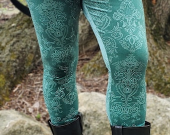 Men's Velvet Leggings, Sage Green Embossed Damask- choose your size and length