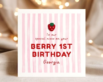 Personalised 1st Birthday Card for Niece – Berry 1st Birthday Handmade Strawberry Card. First Granddaughter Daughter Keepsake Card for Girl