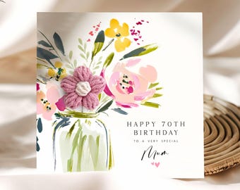 Personalised 70th Birthday Card for Mum. Flower Bouquet Crochet Card Floral Birthday Card for Mam, Gift for Mam, Special Mum Mama Mom Mummy