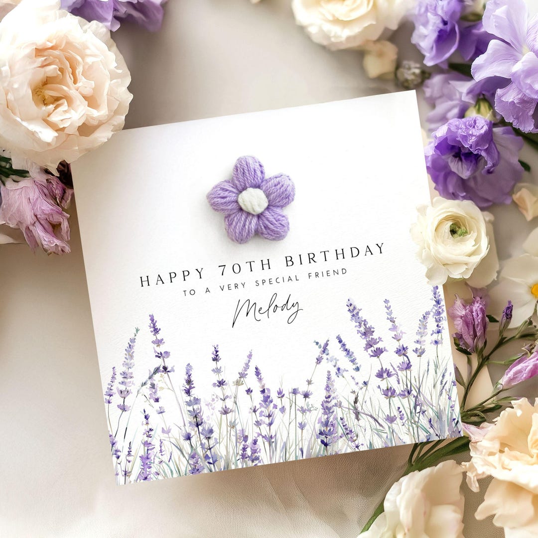 Personalised 70th Birthday Card for Friend, Lavender Floral Card for ...