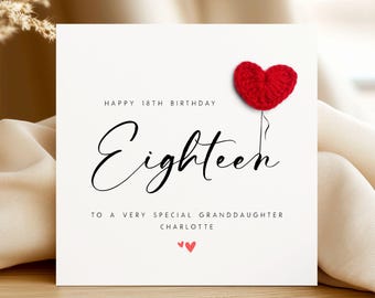 Tarjeta personalizada de 18 cumpleaños para nieta, tarjeta de ganchillo hecha a mano con forma de corazón y globo, regalo de recuerdo para hija/hija que cumple dieciocho años