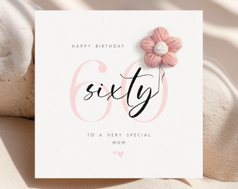 Personalised 60th Birthday Card for Mum. Flower Crochet Card Floral Birthday Card for Mam, Gift 60 and Fabulous, Special Mum Mam Mama Mom Ma