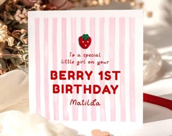 Personalised 1st Birthday Card for special little girl – Berry 1st Birthday Handmade Strawberry Card. First Granddaughter Daughter Niece