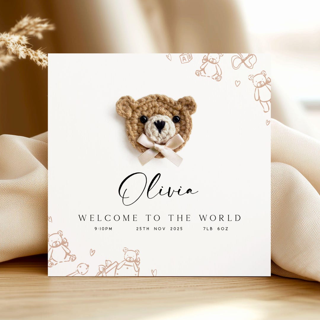 Personalised New Baby Card - Welcome to the World, Crochet Bear Card ...