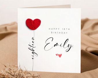 Tarjeta de cumpleaños personalizada para chica de 18 años, tarjeta de ganchillo hecha a mano con globo en forma de corazón, regalo de cumpleaños para hija o nieta (tarjeta de recuerdo).