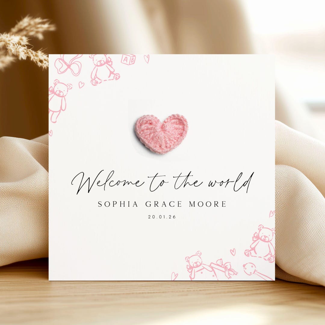 Personalised Crochet New Baby Girl Card - Welcome to the World ...