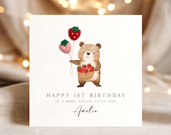 Personalised 1st Birthday Card – Handmade Strawberry Bear First Birthday Card Balloons. Daughter Granddaughter Niece Keepsake Card for Girl