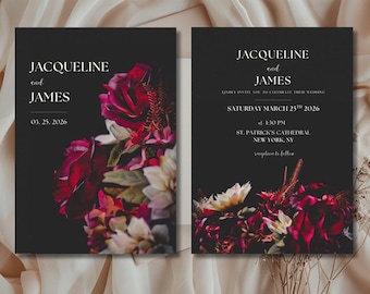 Dark Moody Wedding Invitation, Customizable Invitation Suite Template, Bold Botanicals