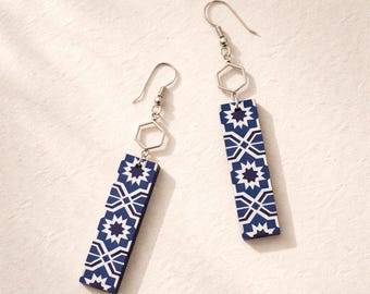 Pendantes géométriques | Bijoux marocains faits main de tuile | Boucles d'oreilles à motif bleu | Boucles d'oreilles rectangle arabesques