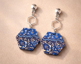 Pendantes géométriques | Bijoux arabesques faits main | Boucles d'oreilles motif carreaux marocains | Boucles d'oreilles artistiques en or bleu