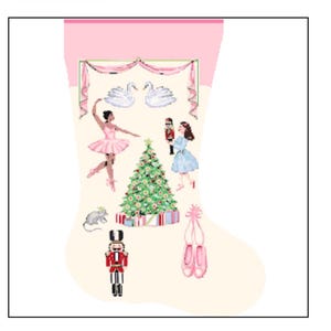 May include: A pink Christmas stocking with ballet-themed illustrations, including dancers, a Christmas tree, a nutcracker, and swans. The design also features pink ballet shoes and a mouse, creating a festive holiday theme.