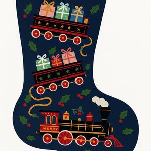 May include: A navy blue Christmas stocking with a train theme. The stocking features illustrations of trains carrying wrapped gifts, holly, and the word "MERRY". The trains are red and black with yellow accents.