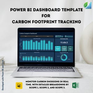 Puede incluir: Un portátil muestra una plantilla de panel de control de Power BI para el seguimiento de la huella de carbono. La pantalla muestra visualizaciones de datos con gráficos, que monitorean las emisiones de carbono en tiempo real con desgloses por alcance 1, 2 y 3. El texto en la pantalla dice "Carbon footprint Dashboard".