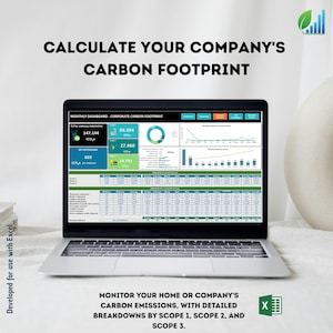 Puede incluir: Una computadora portátil muestra un panel para calcular la huella de carbono de una empresa. La pantalla muestra gráficos y datos, con el texto "Calcula la huella de carbono de tu empresa". Se muestran datos por alcance.