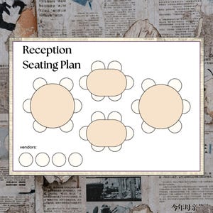 May include: A white rectangular reception seating plan template featuring the text Reception Seating Plan, two large circular tables with six chairs each, two smaller oval tables with four chairs each, and a row of four circles labelled vendors.