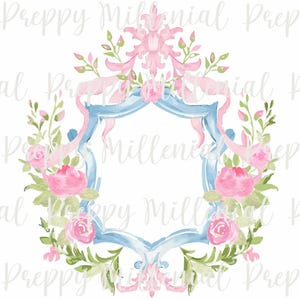 May include: Watercolor illustration of a blue and pink decorative frame. The frame is surrounded by pink roses, green leaves, and pink ribbons. The text "Preppy Millennial" is faintly visible in the background.
