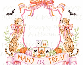 Può includere: Un'illustrazione ad acquerello con due ghepardi con fiocchi rosa che fiancheggiano una cornice centrale a forma di scudo. Il design include zucche arancioni, tessere del mahjong a tema Halloween, pipistrelli e un nastro rosa con testo.