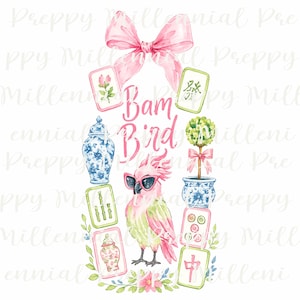 May include: A watercolour illustration featuring a pink cockatoo wearing black sunglasses, centred below a large pink bow. The text Bam Bird is written in pink script. Surrounding elements include blue and white ginger jars, mahjong tiles, and a topiary.