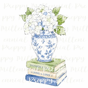 Könnte beinhalten: Eine Aquarellillustration einer blau-weiß gemusterten Keramikvase, gefüllt mit weißen Hortensien und grünen Blättern, die auf einem Stapel von drei Büchern mit den Titeln Southern Style, A Home to Love und einem weiteren verdeckten Titel steht.