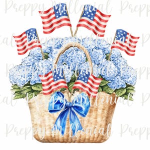 May include: A watercolor illustration of a woven basket filled with blue hydrangea flowers and small American flags. A large blue bow adorns the front of the basket. The flags are red, white, and blue.