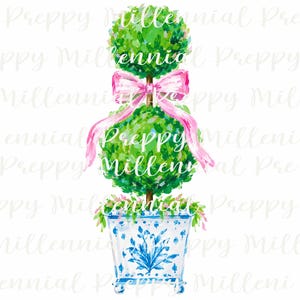 Può includere: Un'illustrazione ad acquerello di un albero topiario a due sfere in un vaso in stile chinoiserie blu e bianco. Il fogliame verde è accentuato da un grande nastro rosa chiaro legato tra le due sfere. Lo sfondo presenta un testo ripetuto.