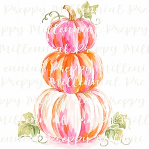 May include: A watercolor illustration of a vertical stack of three pumpkins. The top pumpkin is pink, the middle is orange and pink, and the bottom is white and pink. Green leaves and curly vines are at the top and base of the pumpkin stack.
