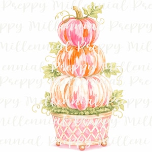 Rosa Kürbis-Topiary (PNG) | Herbstliche Aquarell-Cliparts im Preppy-Stil | Grandmillennial Kürbisstapel | Rosa Herbst (Digitaler Download)