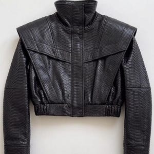 Black Python Embossed Leather Cropped Moto Jacket – Power Shoulder Streetwear