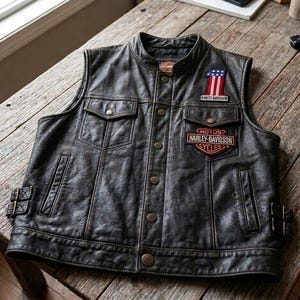 Puede incluir: Un chaleco de cuero envejecido de color marrón oscuro con cuello mao, cierre de botones a presión y dos bolsillos en el pecho. Presenta un parche con el número uno y la bandera estadounidense, además del logo de Harley-Davidson Motor Cycles.