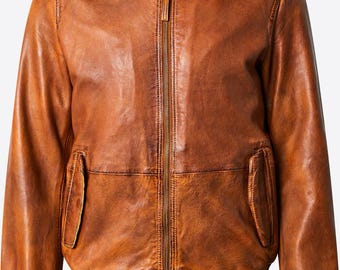 Chaqueta bomber de cuero encerado color canela hecha a mano para hombre / Estilo vintage
