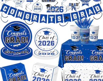 Graduation Decorations 2026 Tableware,189pcs White Pink Graduation Plates and Napkins Cups for Congrats Grad Class Of 2026 ,Serves 25